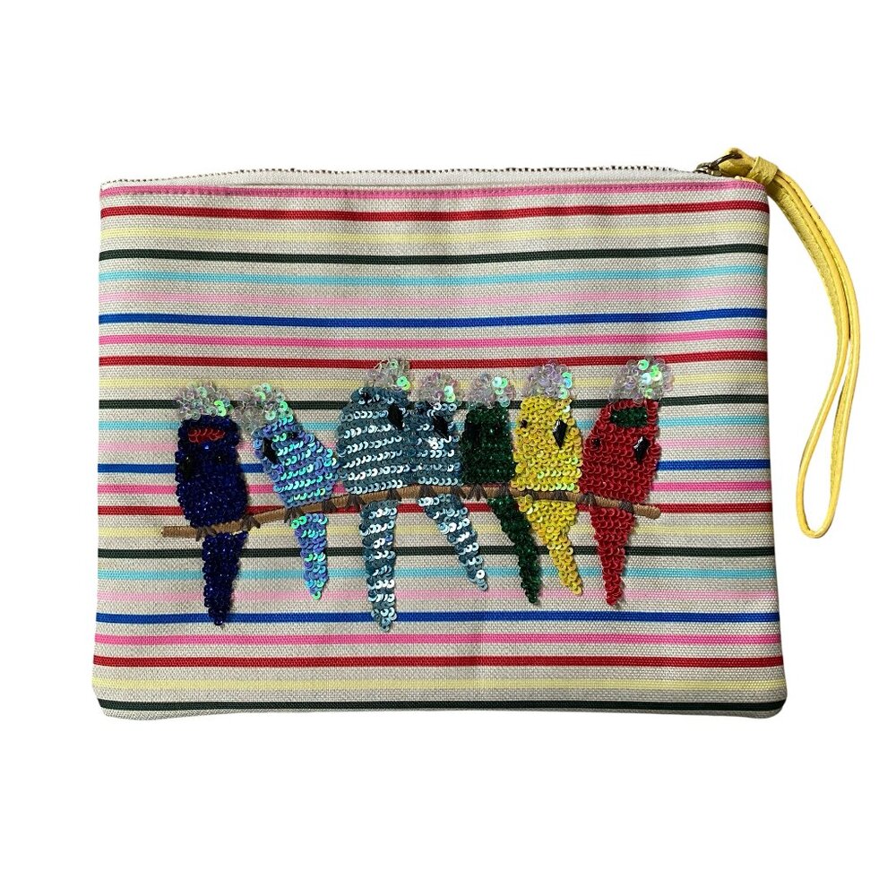 Talbots women's striped sequined parrot wristlet clutch bag pouch leather strap